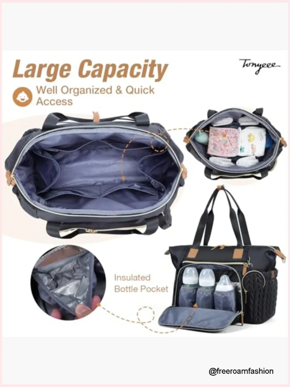 Large Diaper Bag Tote, Waterproof, Hospital Bag, Travel Tote with Changing Pad,